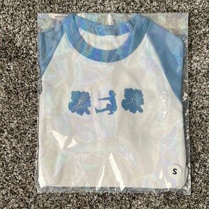 SUZIE B FITNESS TEE. SIZE SMALL. BLUE AND WHITE. BRAND NWT.